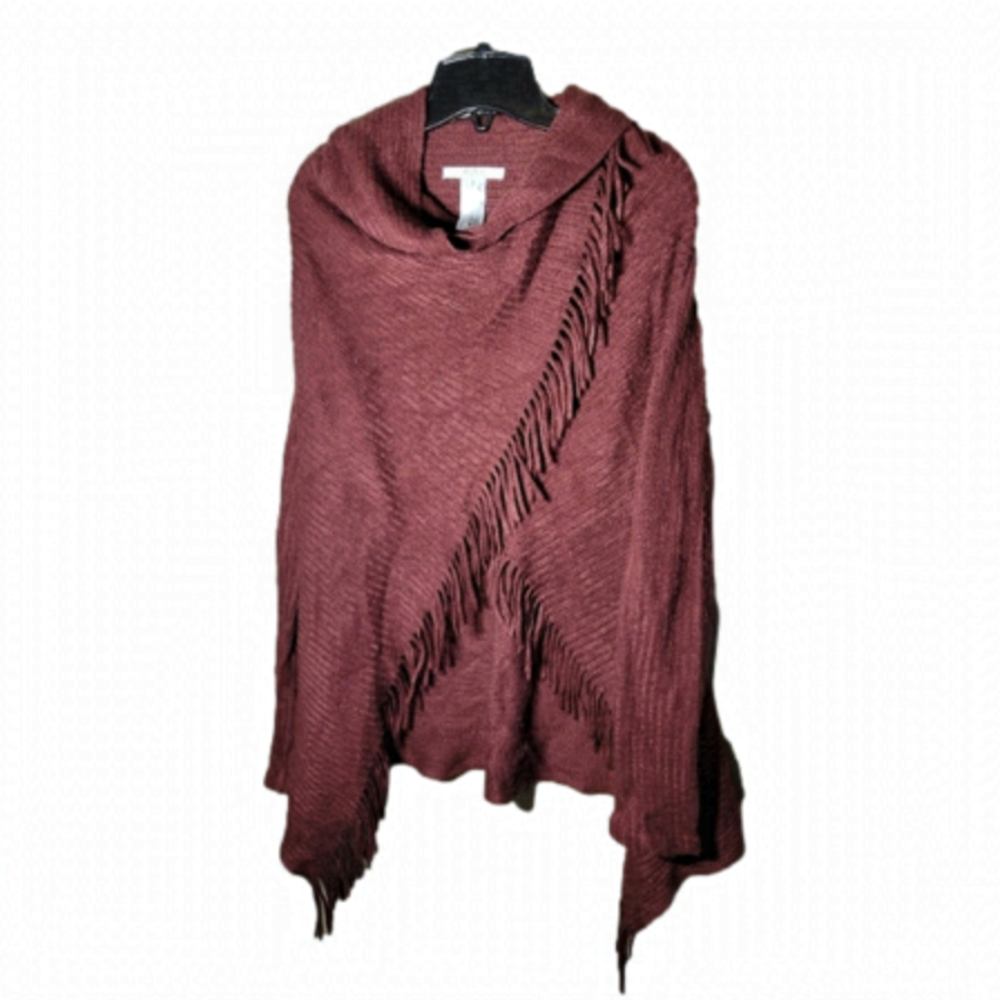 SUNG Alfred Sung xs fringed button up wrap style sweater burgundy boho